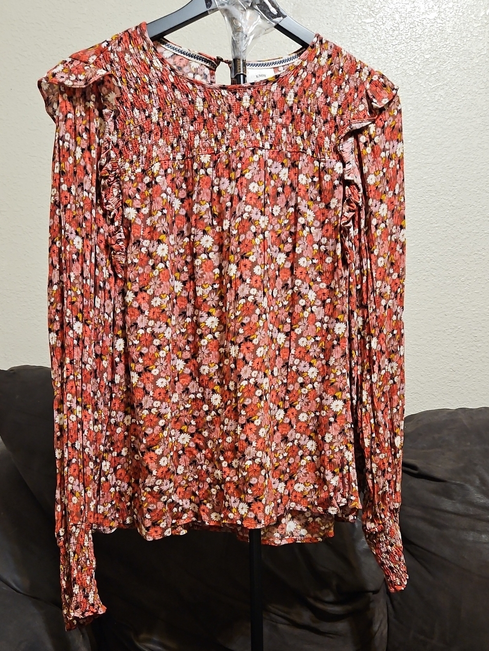 Knox Rose Rust Floral Smocked Ruffle Blouse